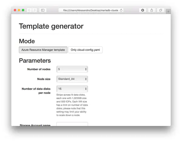 Screenshot of generator app in "Only Azure Resource Manager template" mode