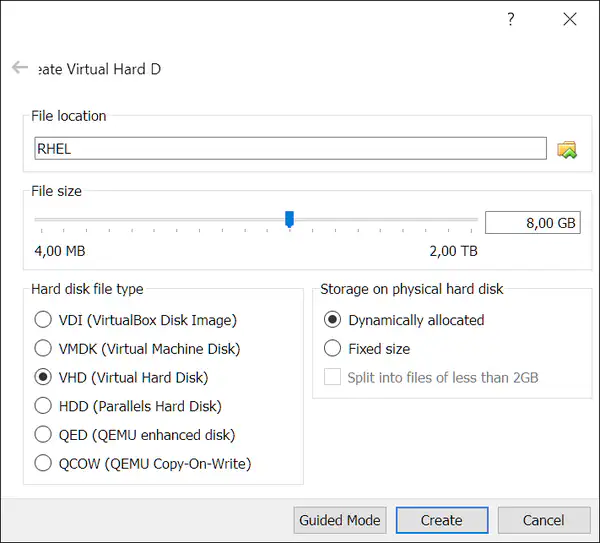 VirtualBox: create a VHD disk