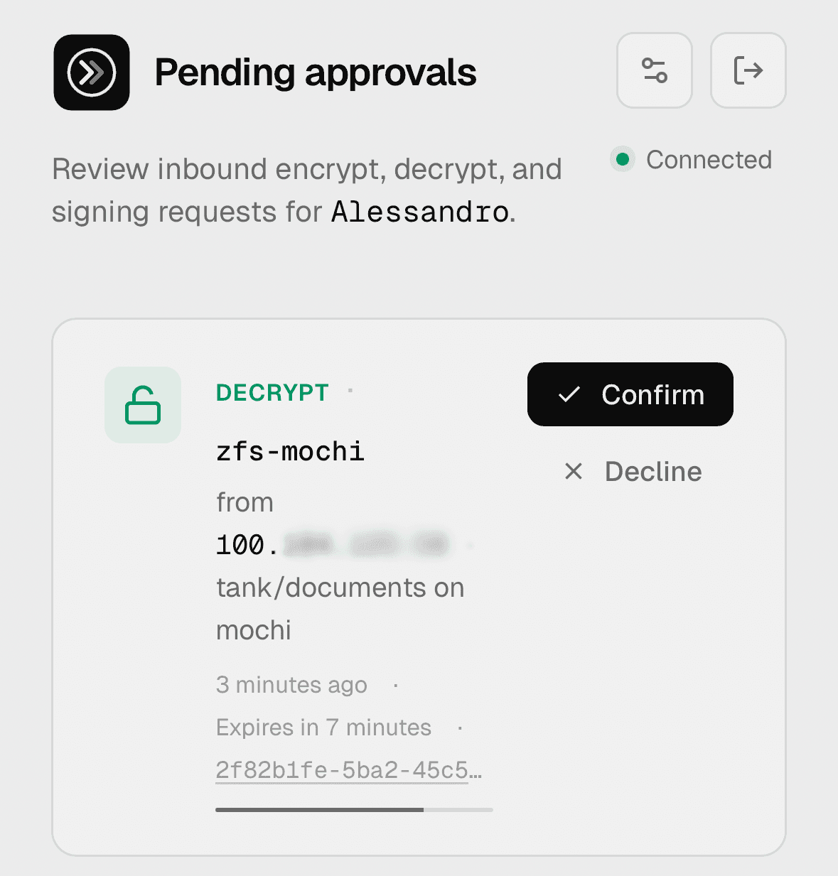 Screenshot of the Revaulter web UI on mobile, with a pending decrypt request for the ZFS key