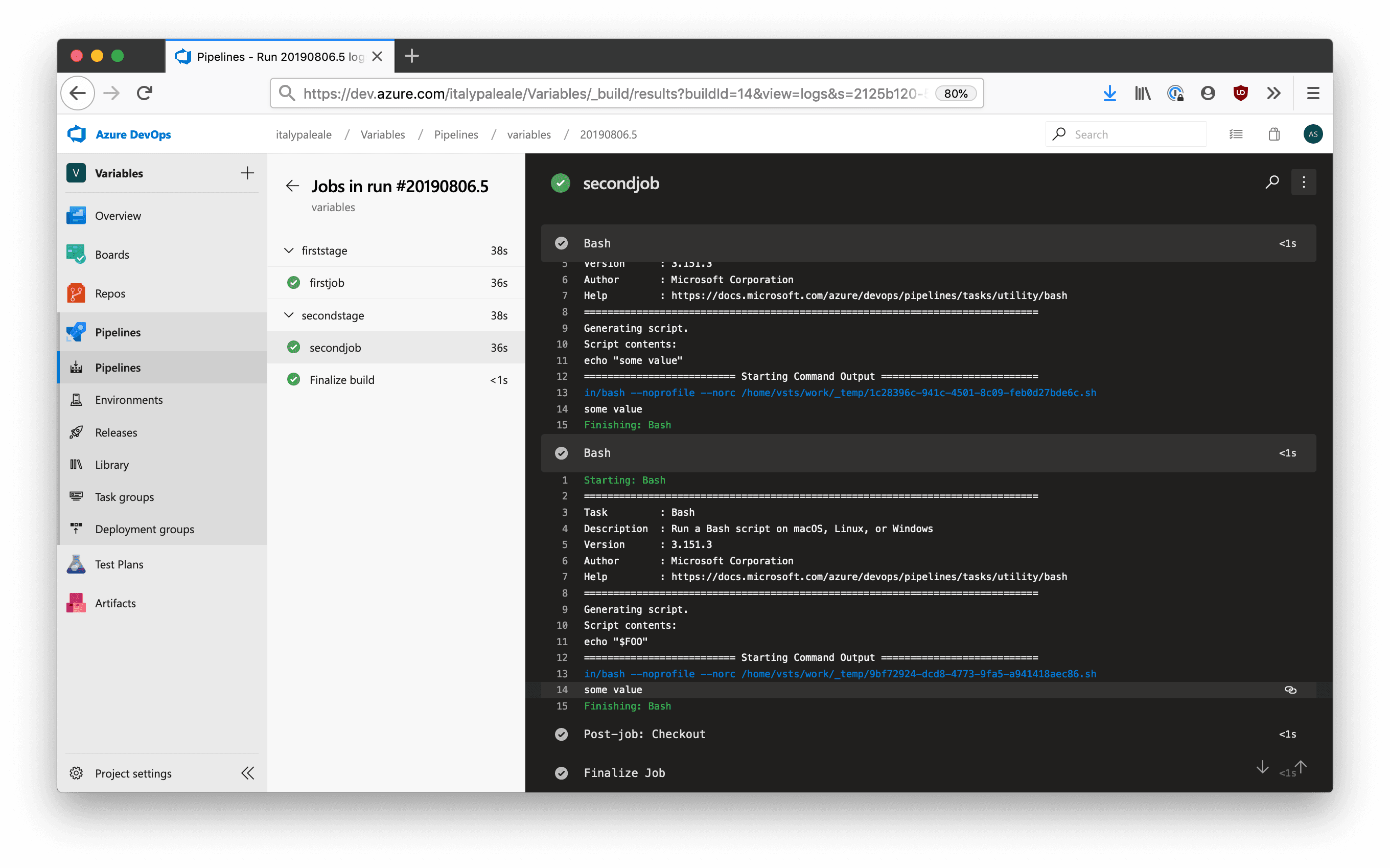 Screenshot of pipeline running showing the variable expanded