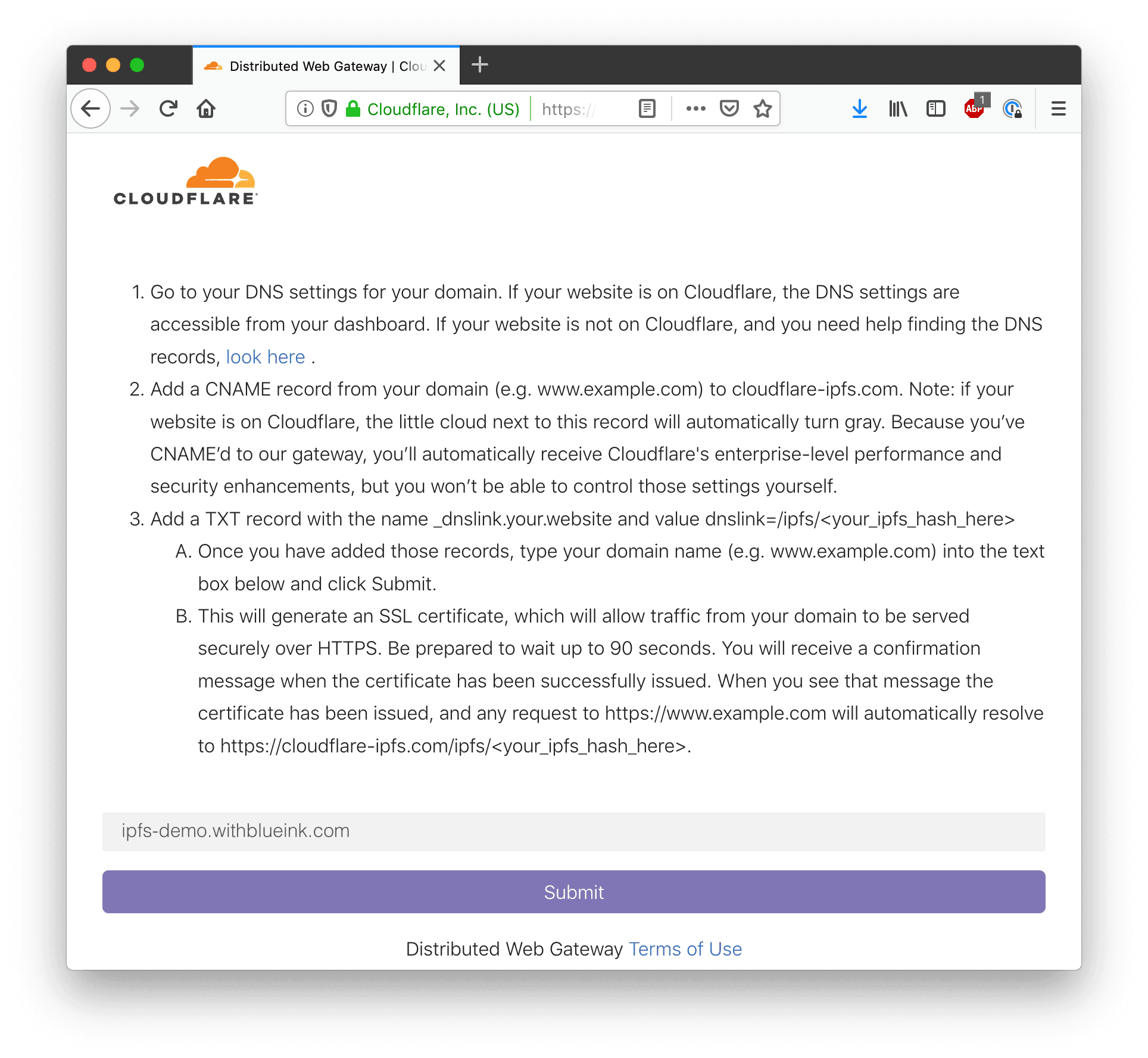 Setting up the domain with Cloudflare Distributed Web Gateway