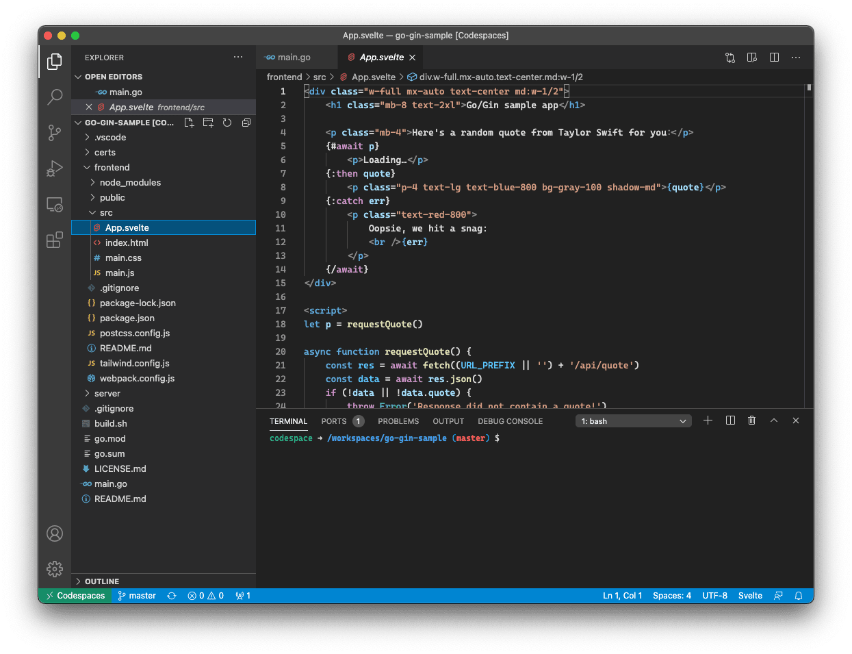 A codespace running in VS Code