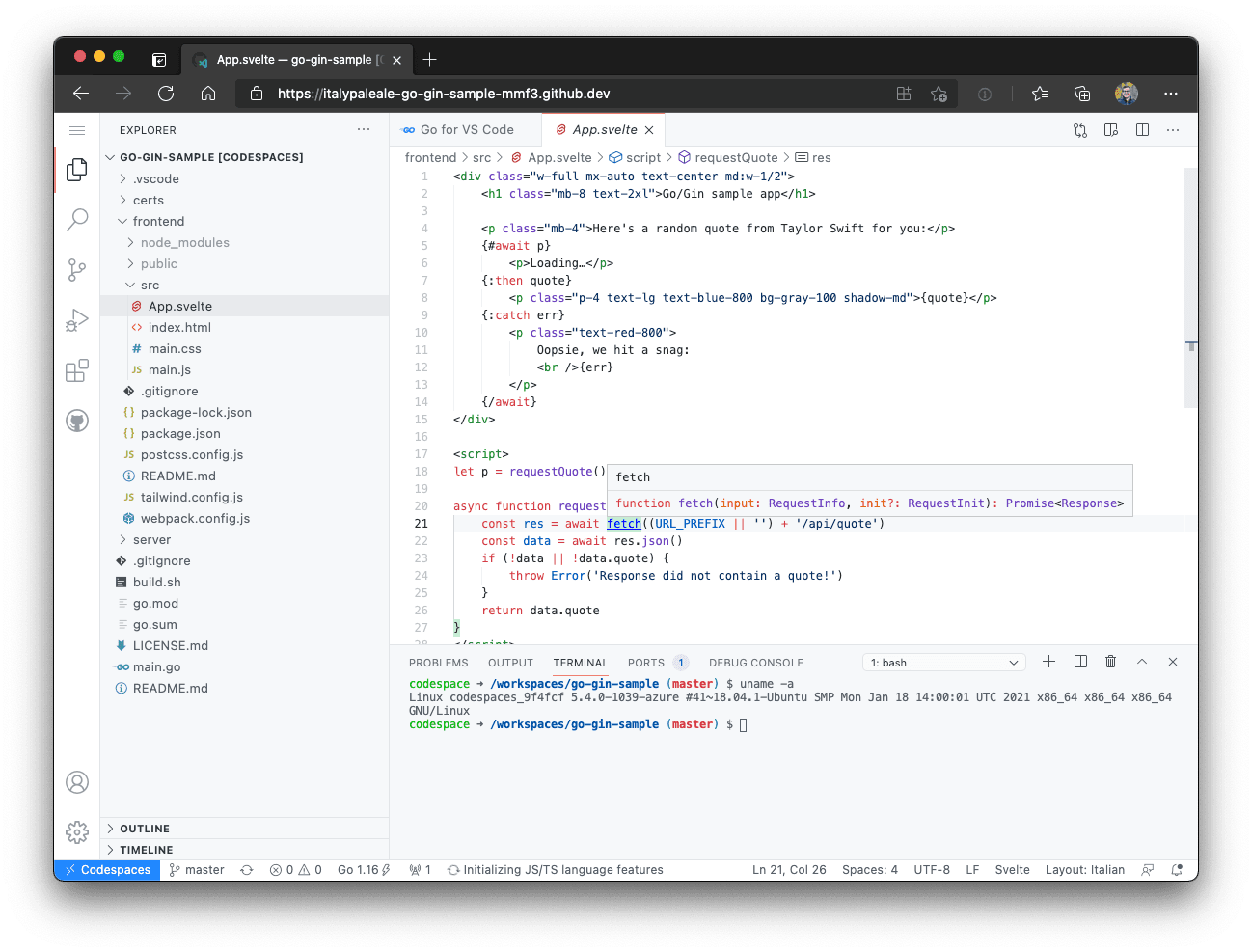 A codespace running in the browser