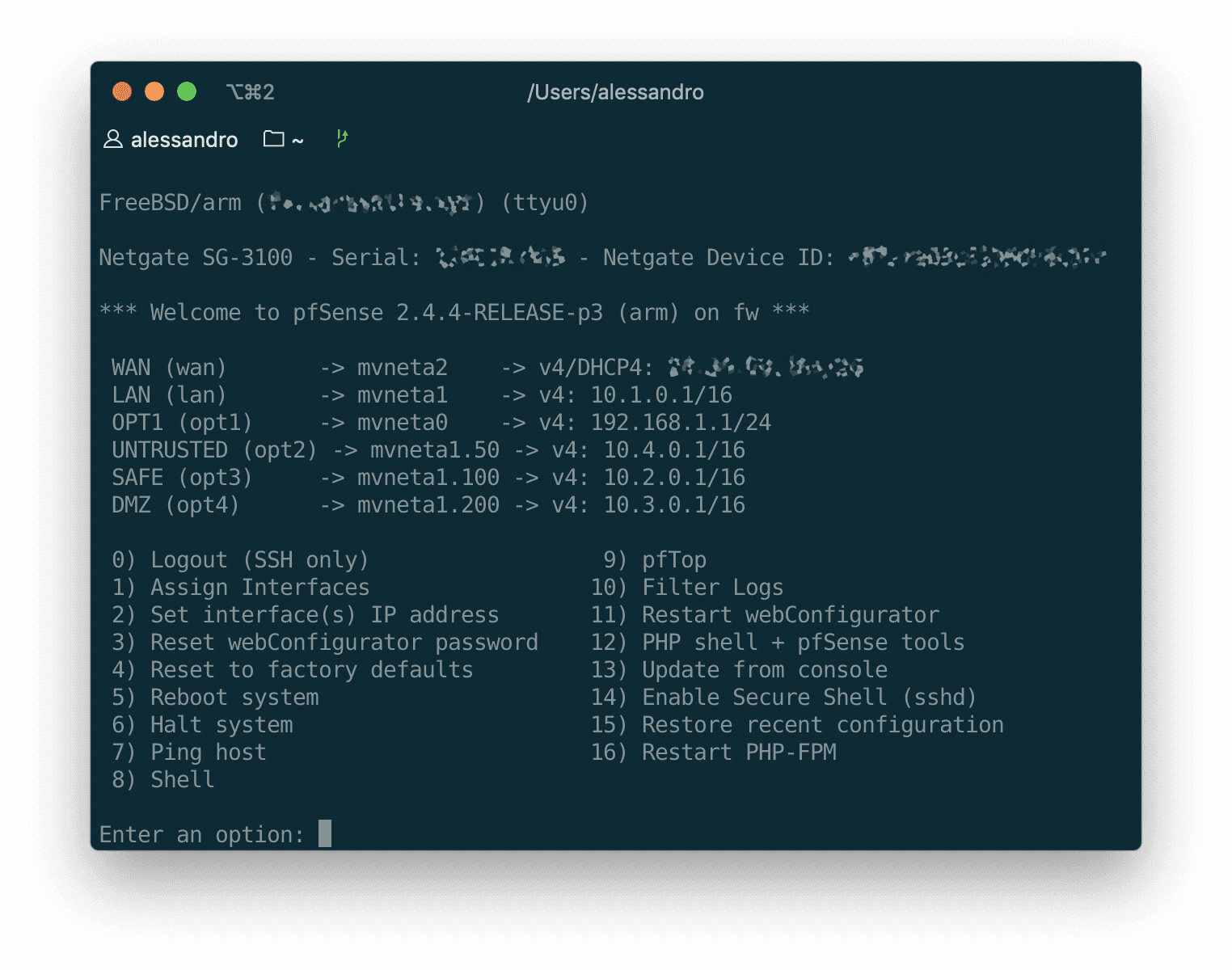 pfSense menu in the console
