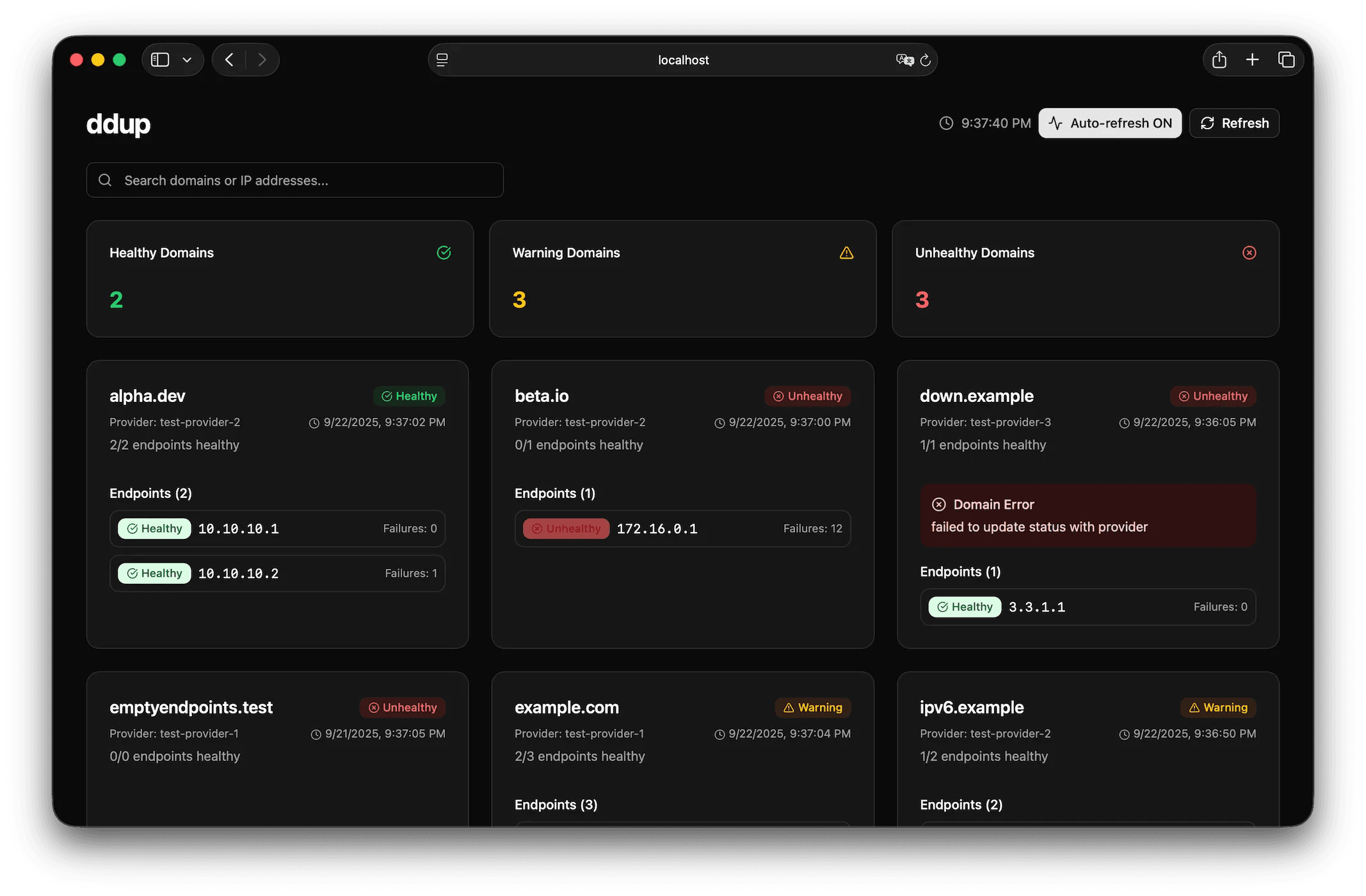 Screenshot of the ddup dashboard showing the health and status of various endpoints