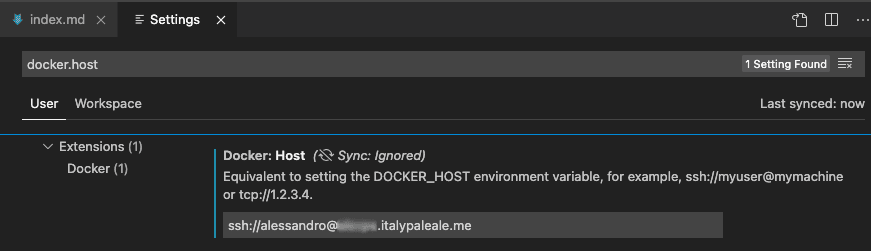 Setting docker.host in the VS Code settings