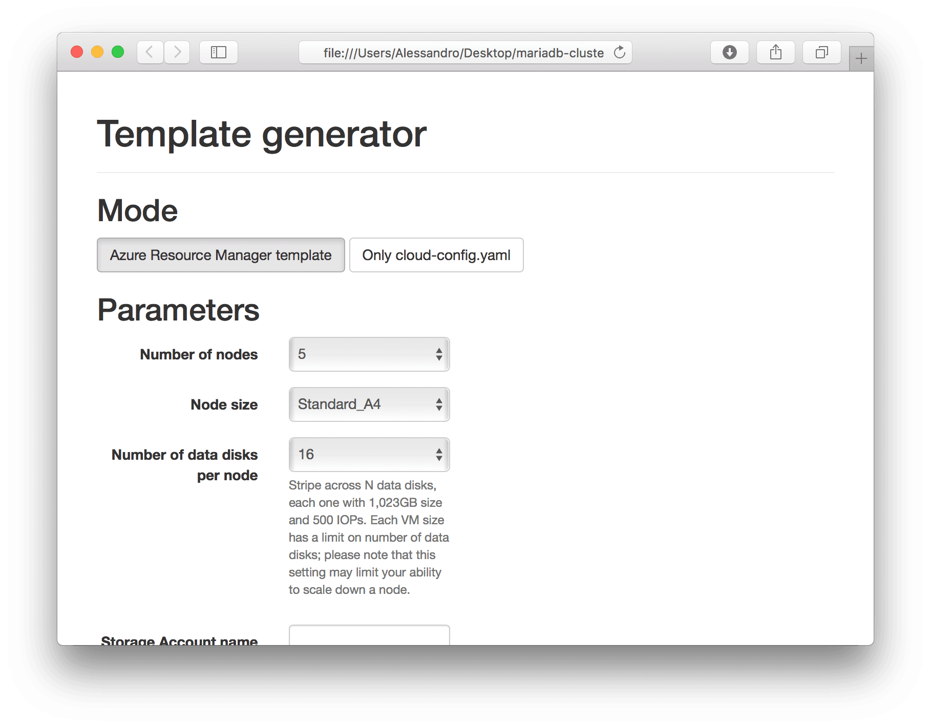 Screenshot of generator app in "Only Azure Resource Manager template" mode