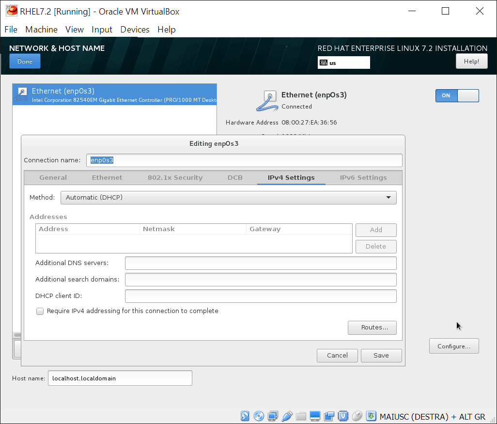 Install RHEL 7.2: network and host name section