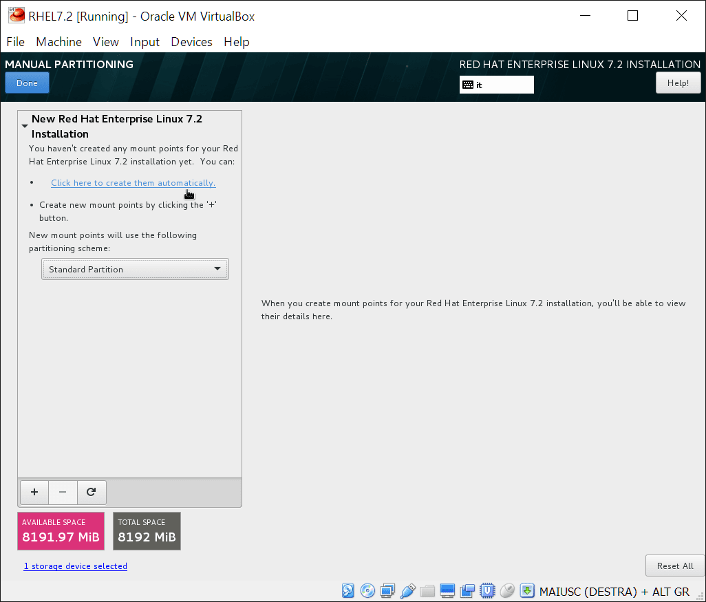 Install RHEL 7.2: manual partitioning - step 1