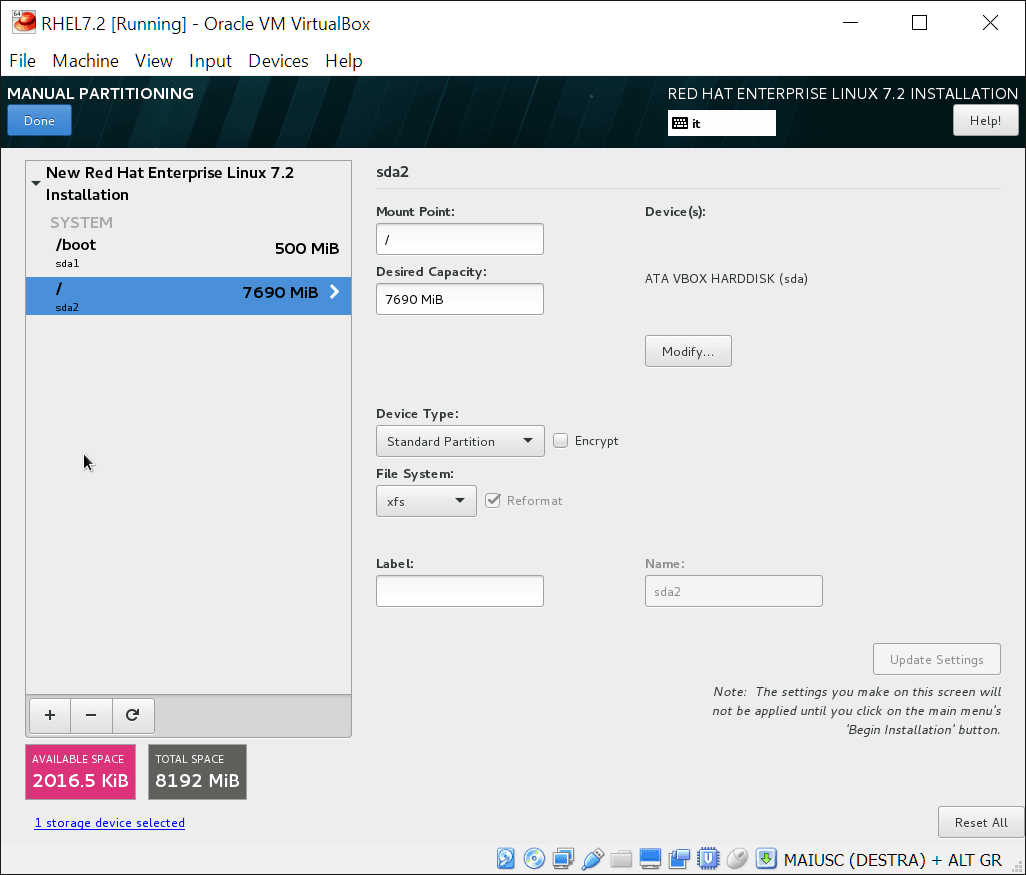 Install RHEL 7.2: manual partitioning - step 3
