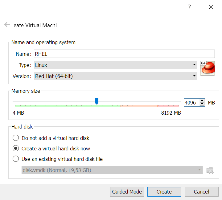 VirtualBox: create a new Linux Red Hat (64 bit) VM