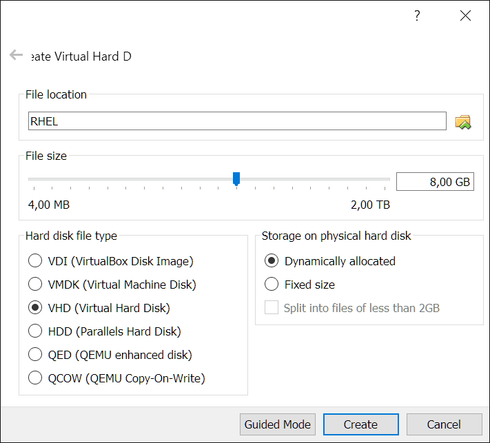 VirtualBox: create a VHD disk
