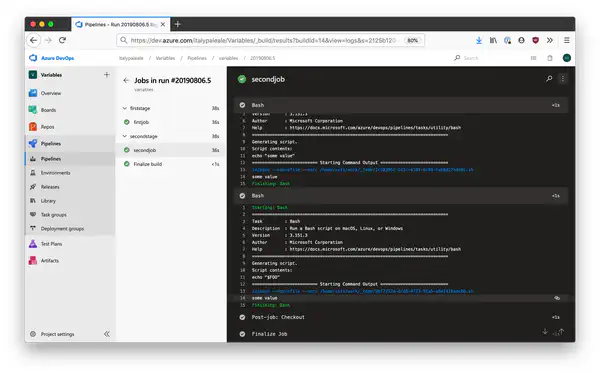 Screenshot of pipeline running showing the variable expanded