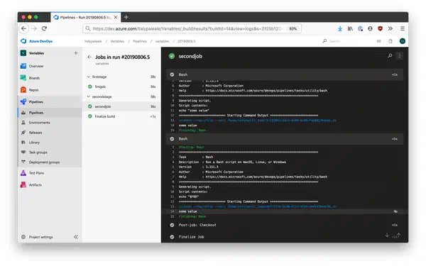 Screenshot of pipeline running showing the variable expanded