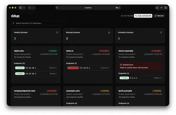 Screenshot of the ddup dashboard showing the health and status of various endpoints