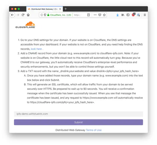 Setting up the domain with Cloudflare Distributed Web Gateway