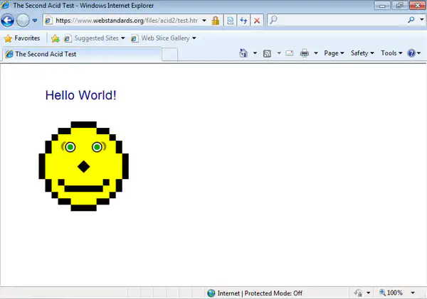 Screenshot of Internet Explorer 8 passing the Acid2 test