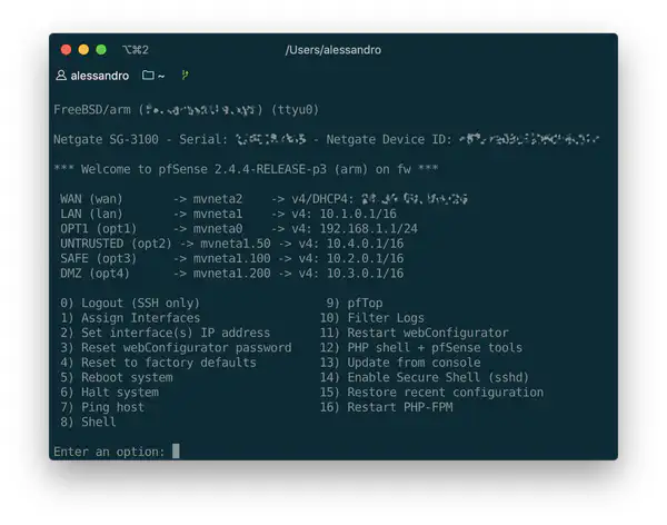pfSense menu in the console