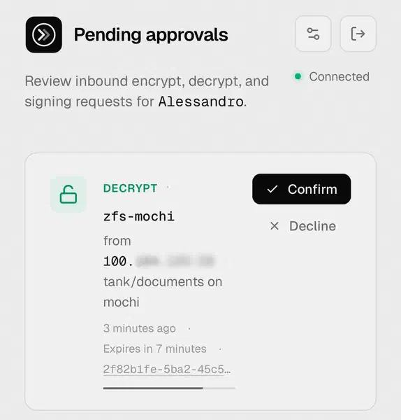 Screenshot of the Revaulter web UI on mobile, with a pending decrypt request for the ZFS key