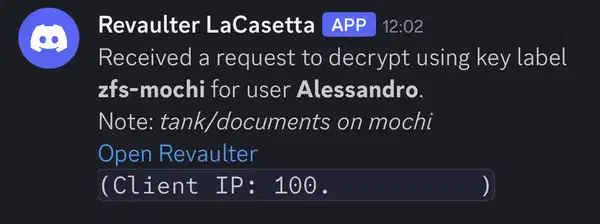 Screenshot of a notification from Revaulter sent to a Discord channel