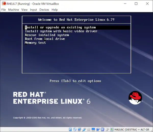 Install RHEL 6.7: start the installer from the bootloader