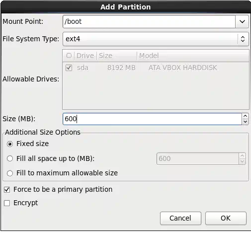 Install RHEL 6.7: create partition for /boot