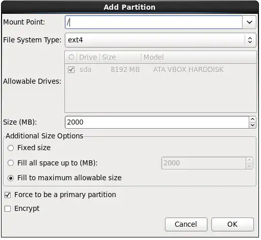 Install RHEL 6.7: create root partition