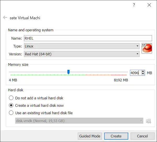 VirtualBox: create a new Linux Red Hat (64 bit) VM