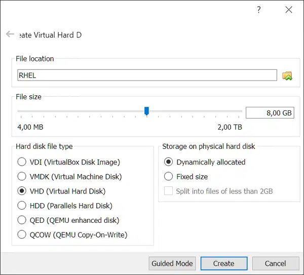 VirtualBox: create a VHD disk