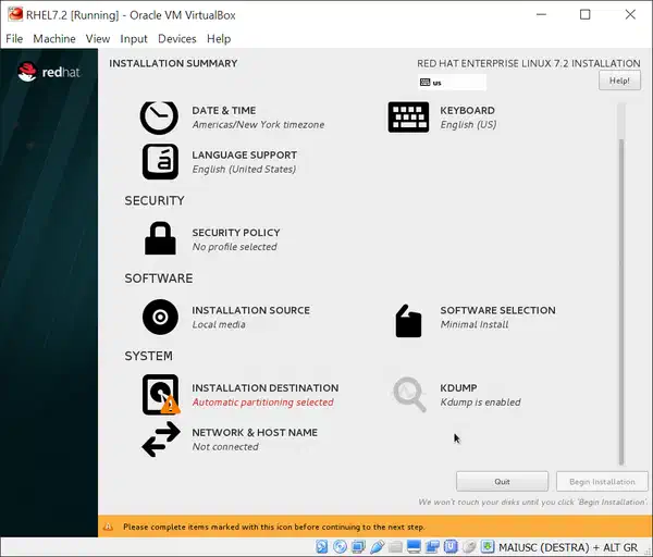 Install RHEL 7.2: installation summary screen