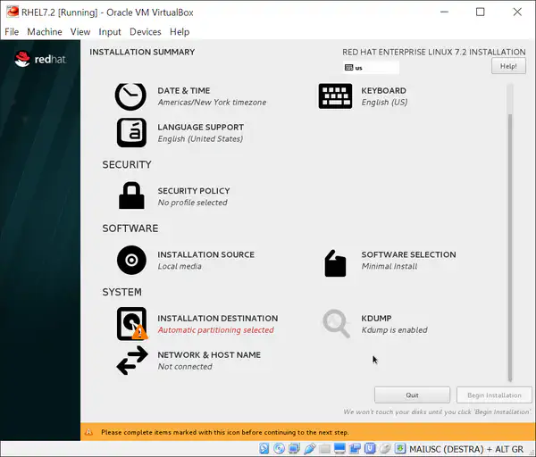 Install RHEL 7.2: installation summary screen