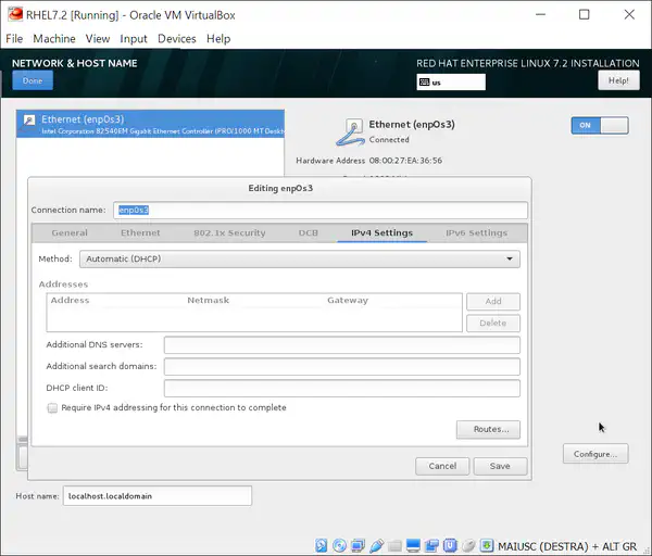 Install RHEL 7.2: network and host name section
