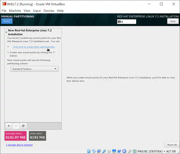Install RHEL 7.2: manual partitioning - step 1