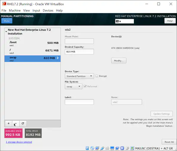 Install RHEL 7.2: manual partitioning - step 2