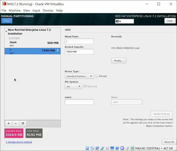 Install RHEL 7.2: manual partitioning - step 3