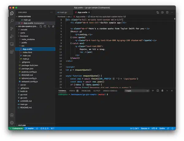 A codespace running in VS Code A codespace running in VS Code