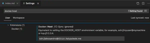 Setting docker.host in the VS Code settings Setting docker.host in the VS Code settings