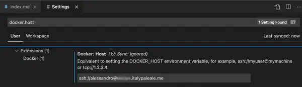 Setting docker.host in the VS Code settings Setting docker.host in the VS Code settings